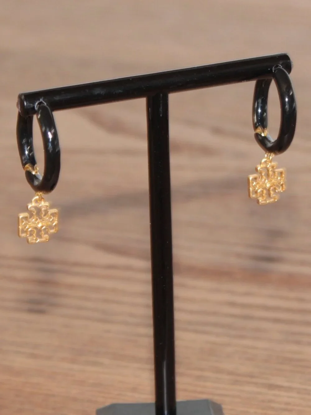 Tory Burch Black Hoop Logo Charm Earrings NWT